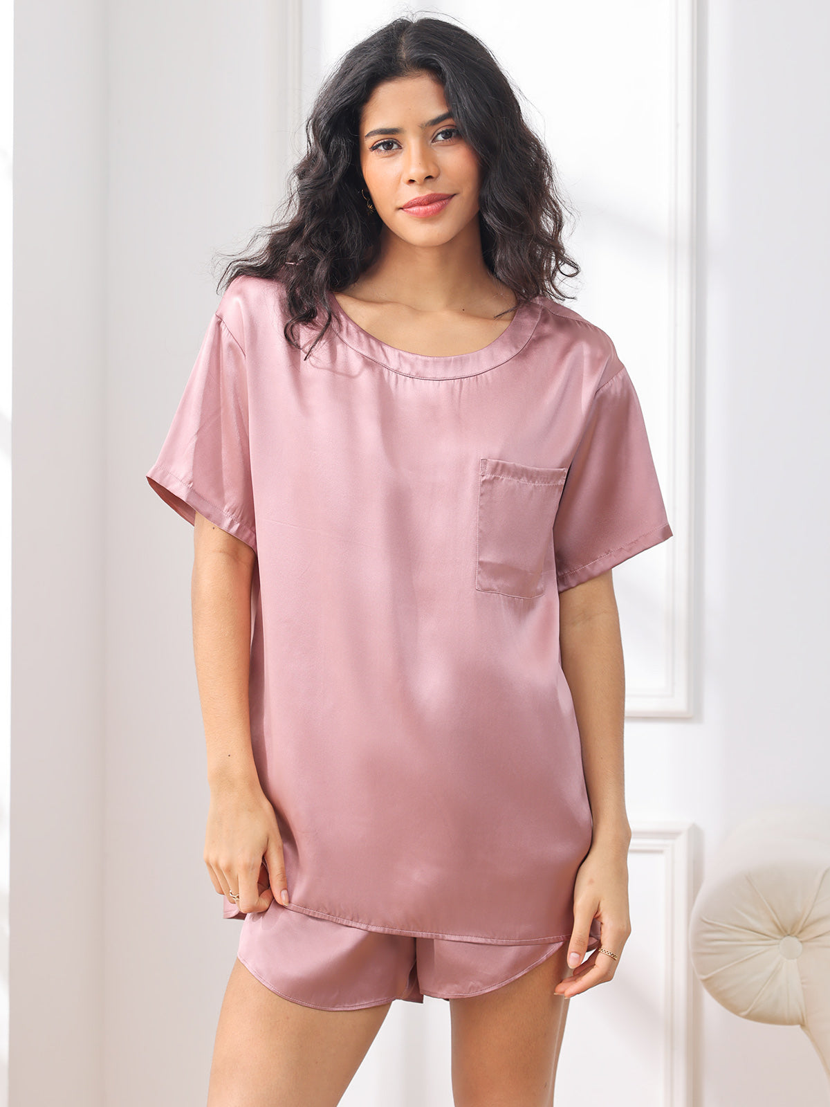 SilkSilky  Pure Silk Short Sleeve Round Neck Women's Pajamas PaleMauve 003