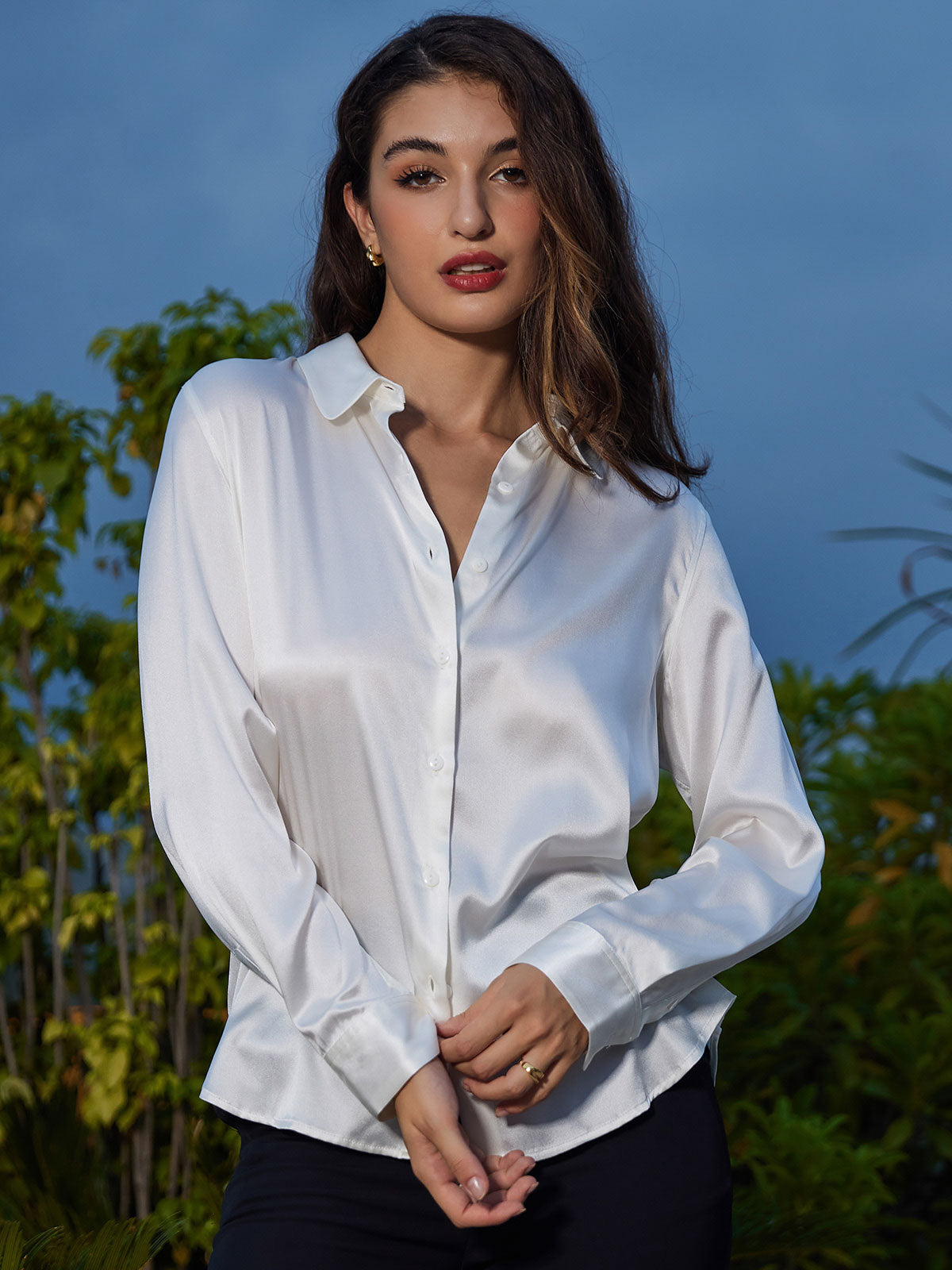 SilkSilky  Silk Long Sleeve Collar Women's Shirt White 004