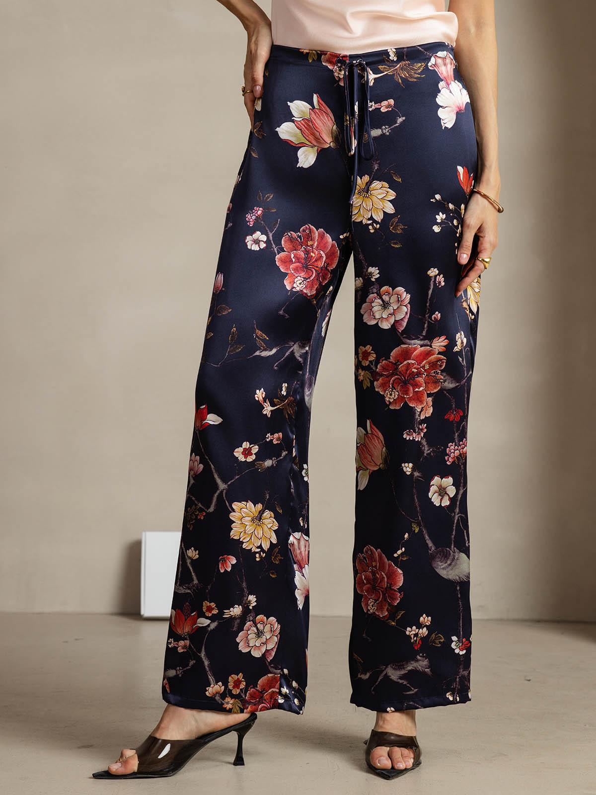 [Navy Floral] SilkSilky  19Momme Silk Womens Pants 001