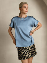 [Grayish Blue] SilkSilky  19Momme Stretch Silk Charmeuse Short Sleeve Boat Neck Women's T-Shirt 004