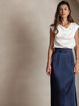 [White] SilkSilky  19Momme Stretch Silk Charmeuse Cap Sleeve Cowl Neck Women's T-Shirt 003