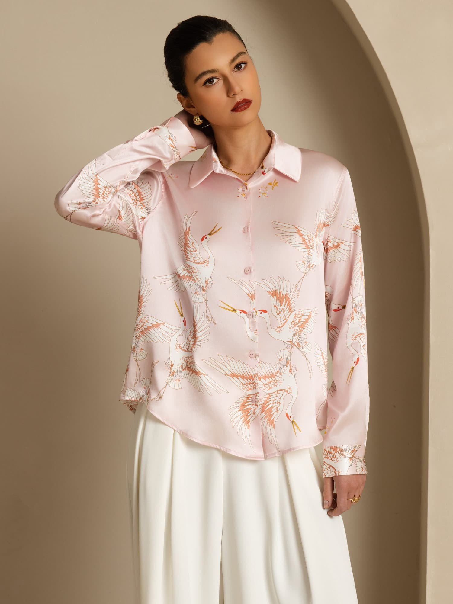 [Pink] SilkSilky  19Momme Long Sleeve Lapel Collar Women's Shirt 001