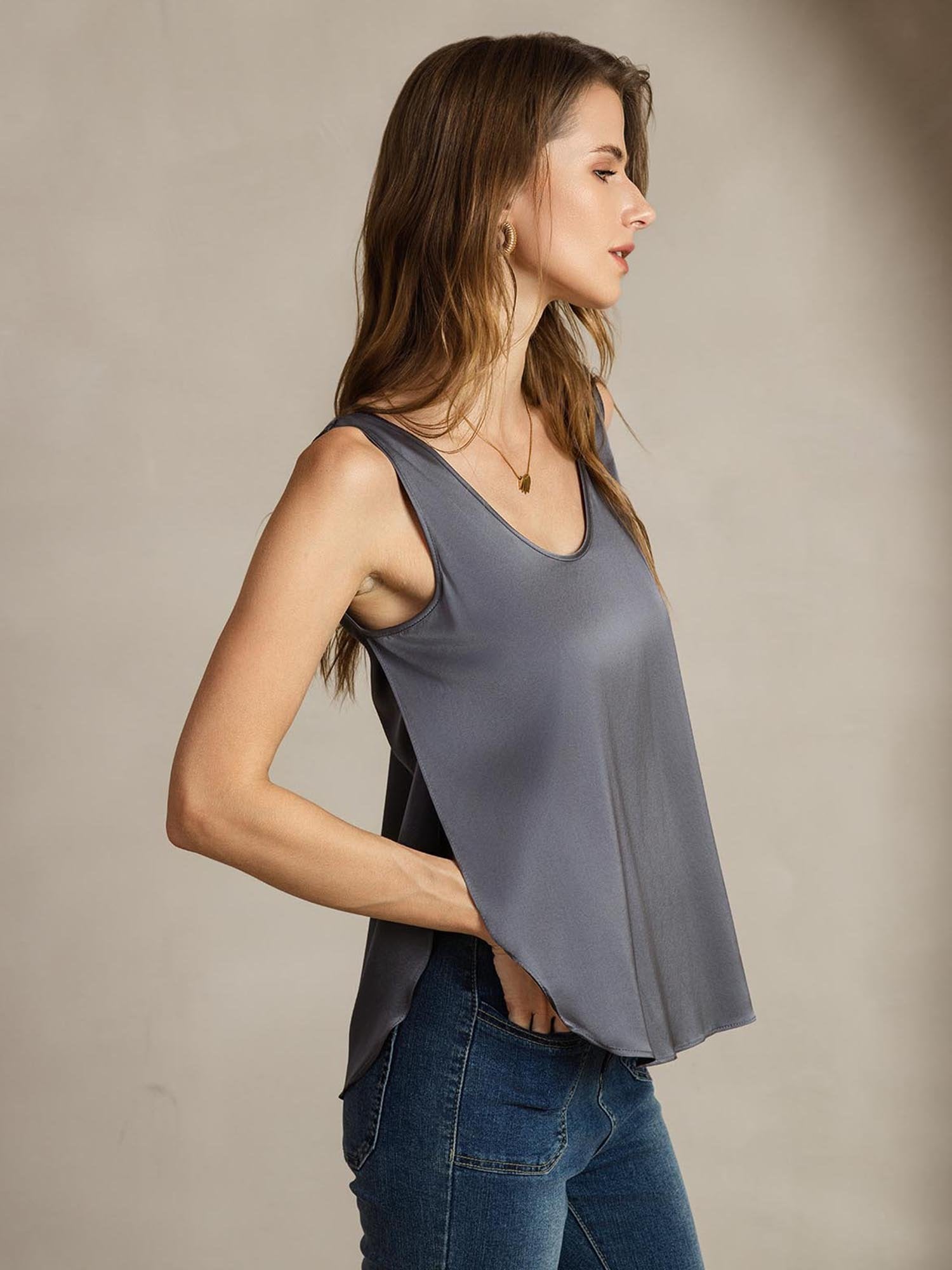 [DarkGray] SilkSilky 19Momme Silk U Neck Women's T-Shirt 004