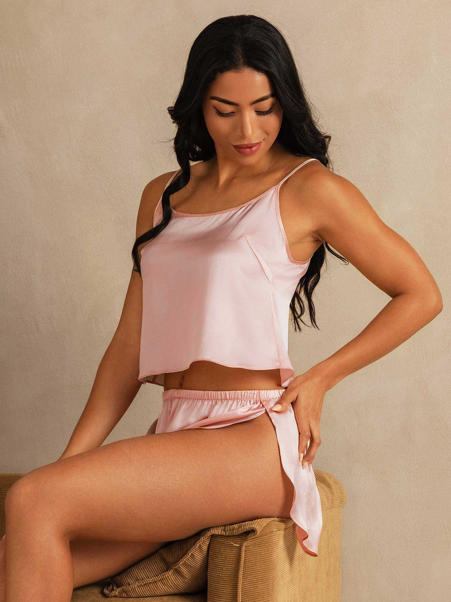 [Pink] SilkSilky  Pure Silk Round Neck Camisole Set 003