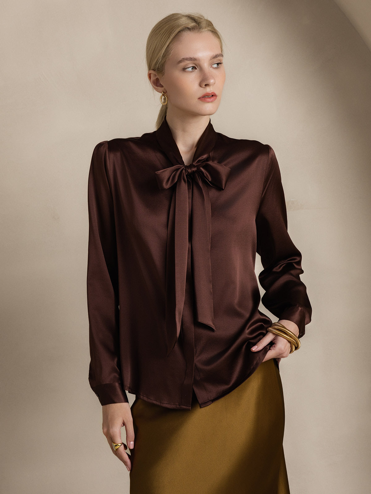 [Coffee] SilkSilky 19Momme Silk Long Sleeve Tie Neck Women's Shirt 005