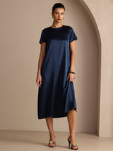 [Dark Blue] SilkSilky Short Sleeve Round Neck Dress 003