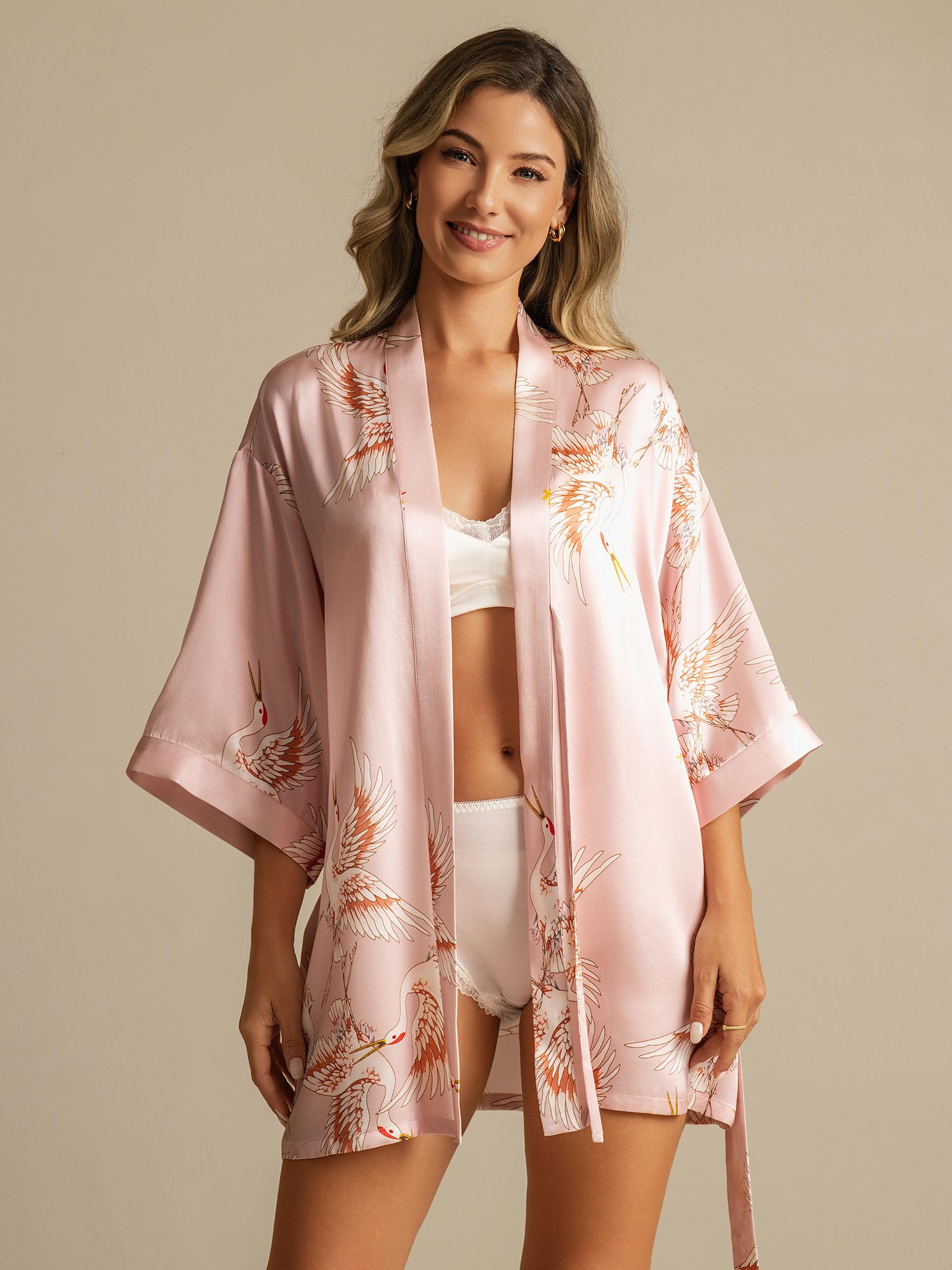 [Pink] SilkSilky  Pure Silk Deep V Neck Women's Robe 001