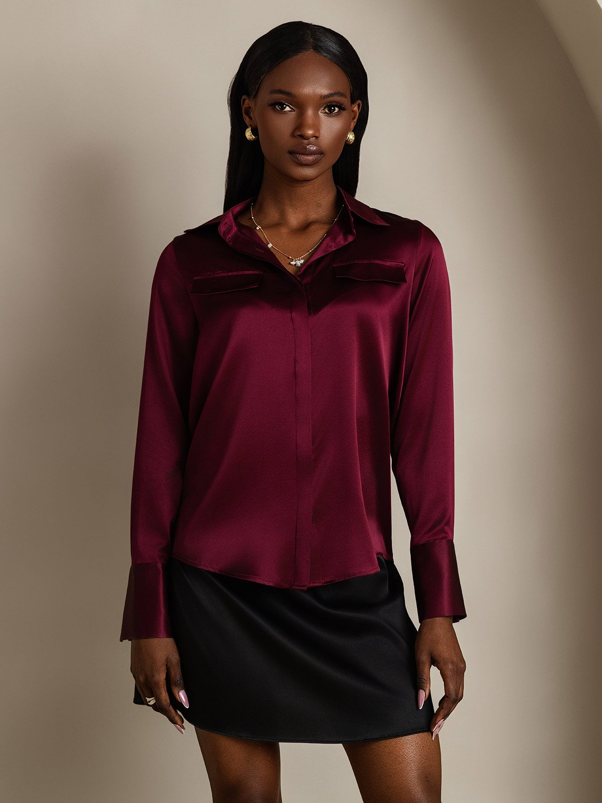 SilkSilky 19Momme Silk Long Sleeve Collar Women's Shirt DarkRed 004