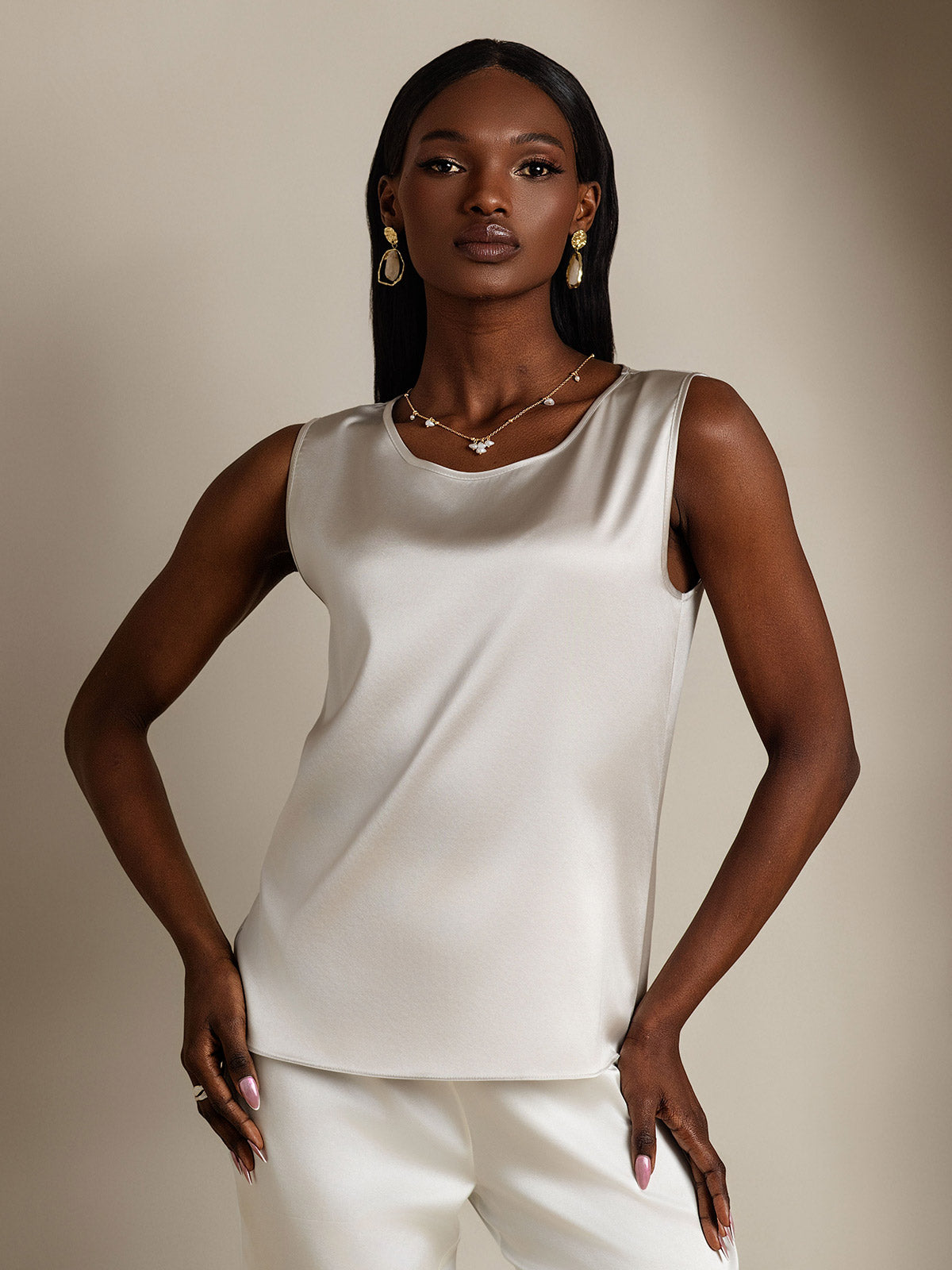 [Light Gray] SilkSilky  19Momme Silk Round Neck Camisole Top 001