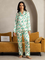 [Green Floral] SilkSilky  Pure Silk Notch Collar Women's Pajamas 002,