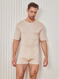 SilkSilky US Silk Knitted Short Sleeve V Neck Men's T Shirt Beige 001