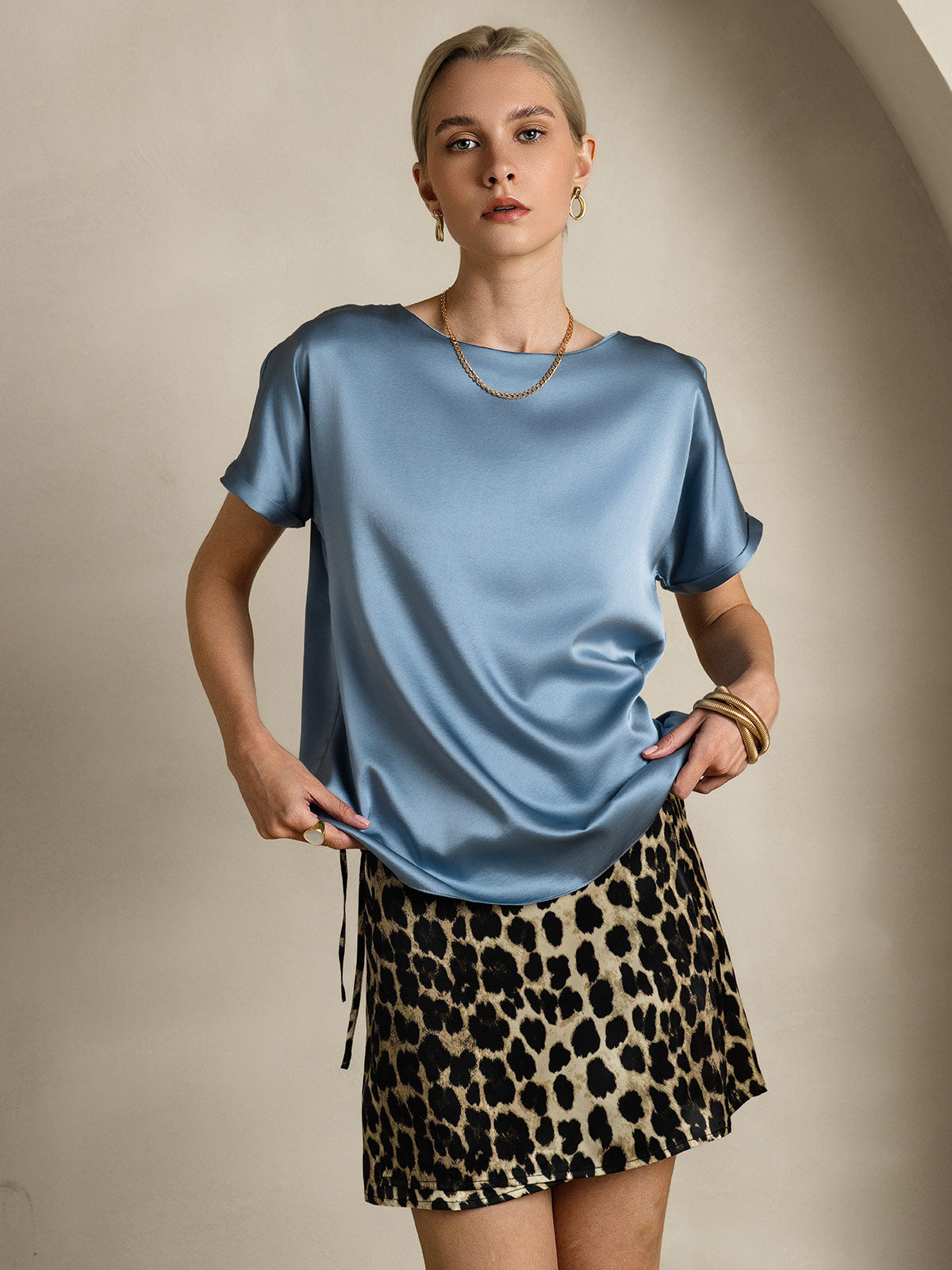 [Grayish Blue] SilkSilky  19Momme Silk Round Neck Women's T-Shirt 001