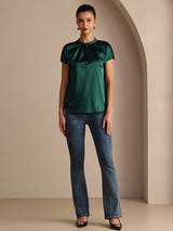 [Dark Green] SilkSilky Short Sleeve Split Women's Blouse 005