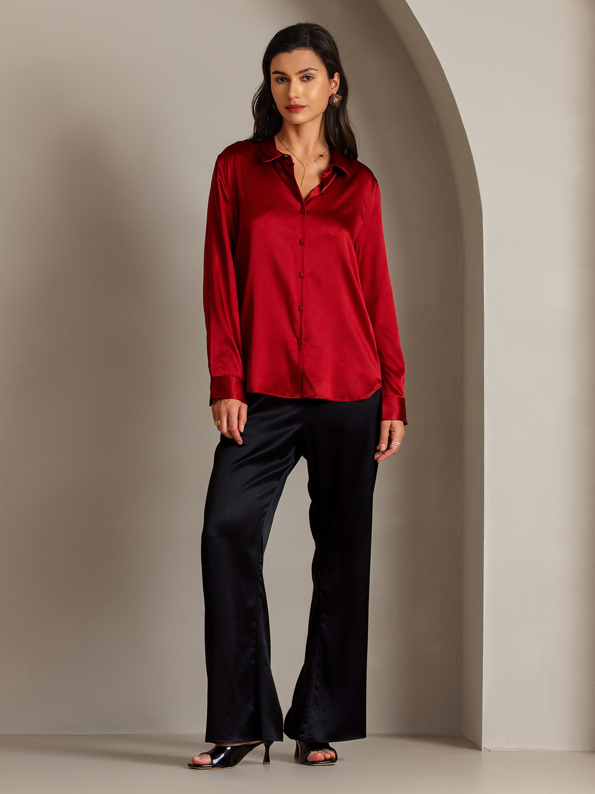 [Red] SilkSilky  Silk Lapel Collar Women's Shirt 005