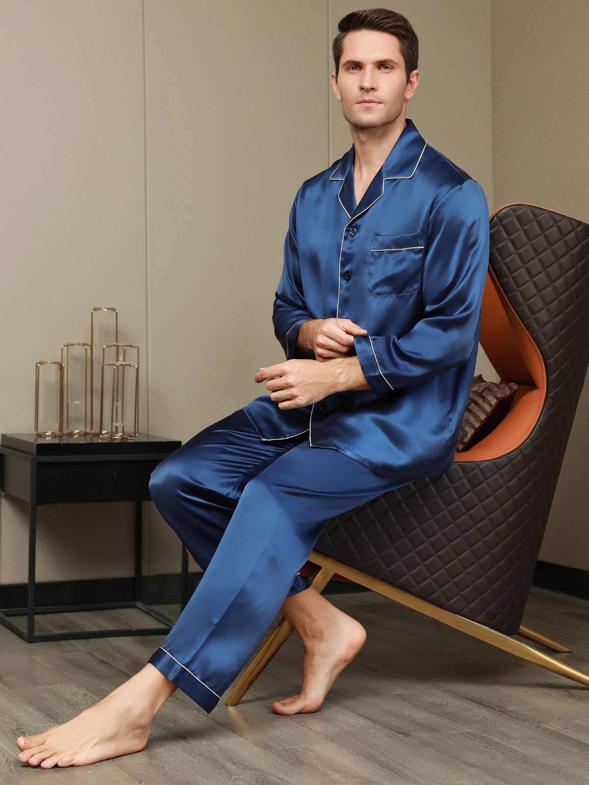 SilkSilky US Pure Silk Long Sleeve Lapel Men's Pajamas DarkBlue 006