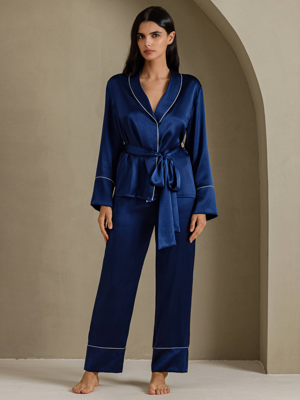 [Dark Blue] SilkSilky Long Sleeve Shawl Collar Women's Pajamas 001