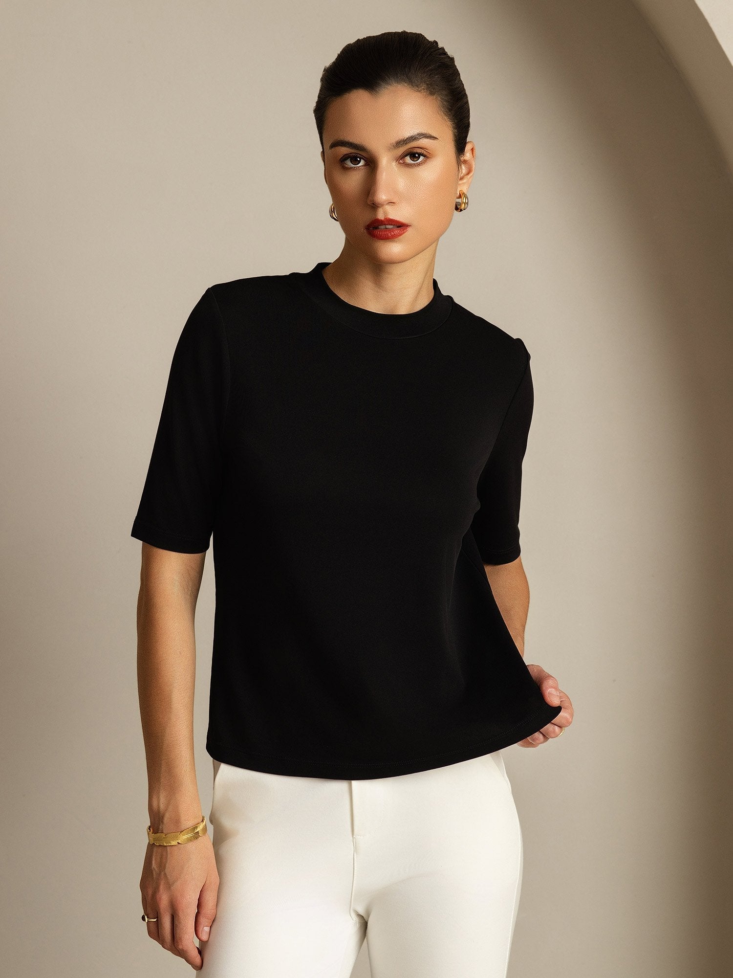 [Black] SilkSilky  Pure Silk Round Neck Women's T-Shirt 007