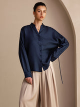 [Dark Blue] SilkSilky Long Sleeve Split Women's Blouse 003