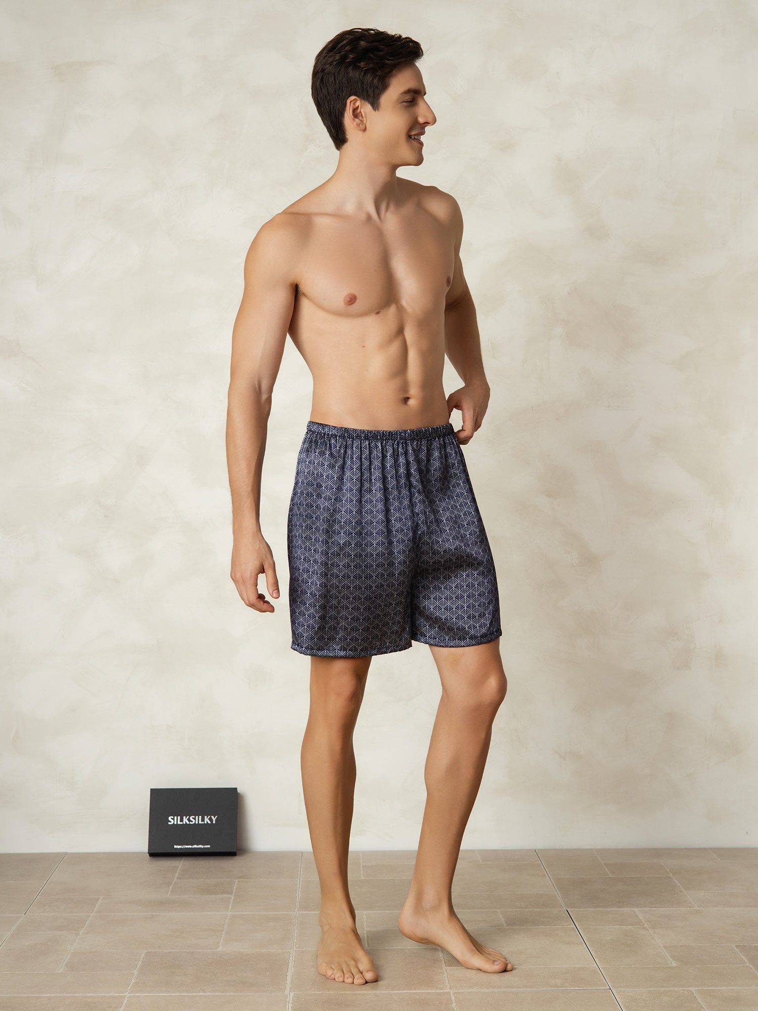 [Navy Ginkgo] SilkSilky  Pure Silk Mens Sleep Bottoms 005