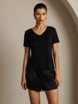 [Black] SilkSilky  Short Sleeve V Neck Women's T-Shirt 001