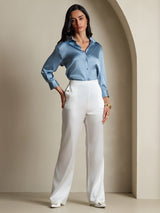 [Grayish Blue] SilkSilky  19Momme Stretch Silk Charmeuse 3/4 Sleeve Lapel Collar Women's Shirt 007