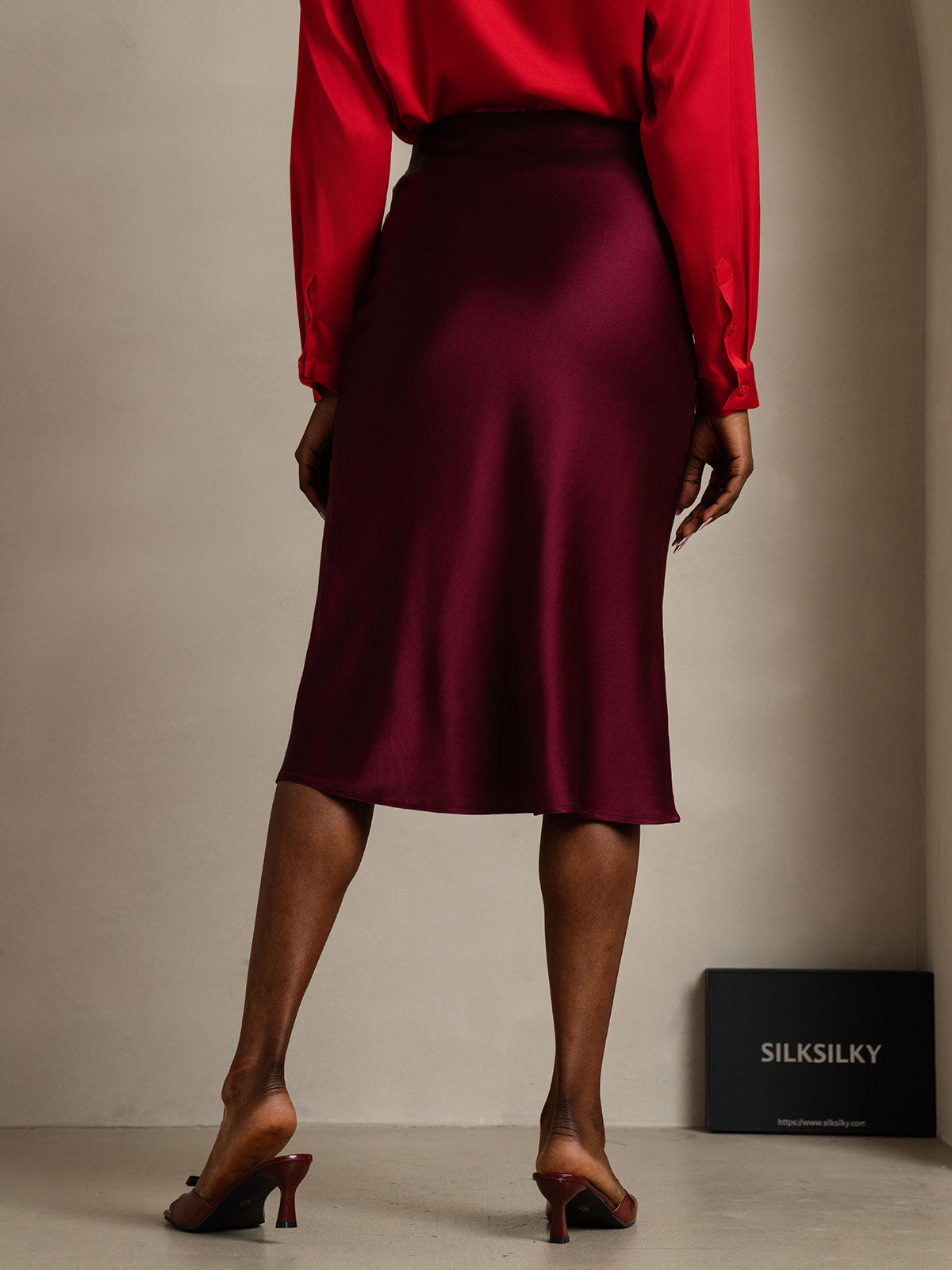 SilkSilky  19Momme Pure Silk Skirt DarkRed 002