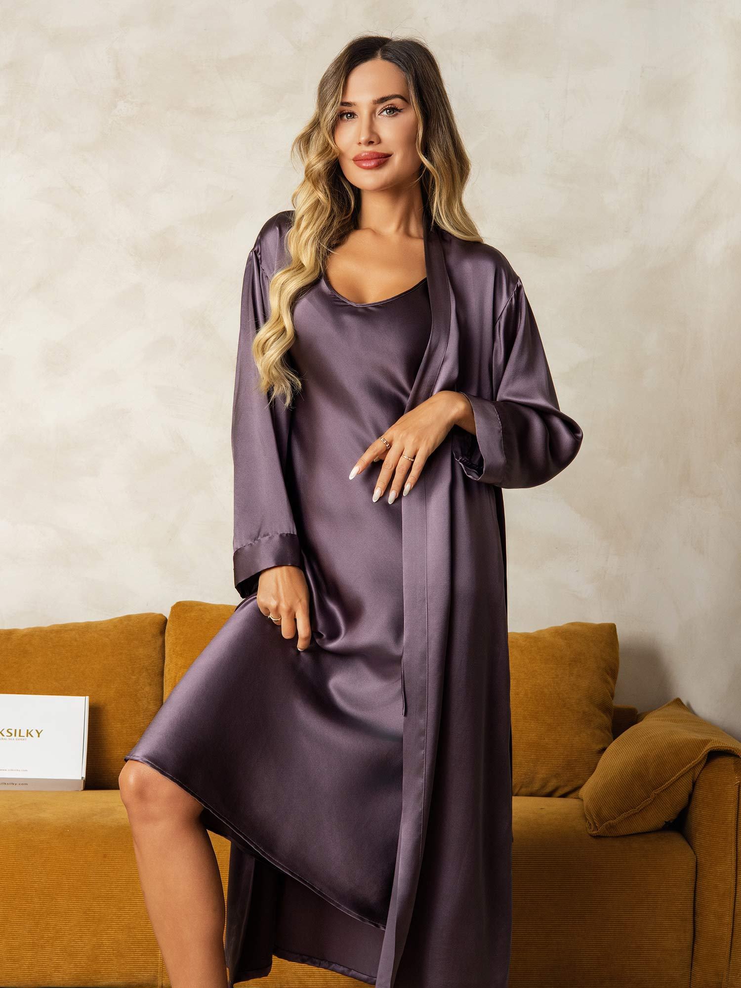 [PurpleGray] SilkSilky Pure Silk Wrap Nightgown&Robe Set 003