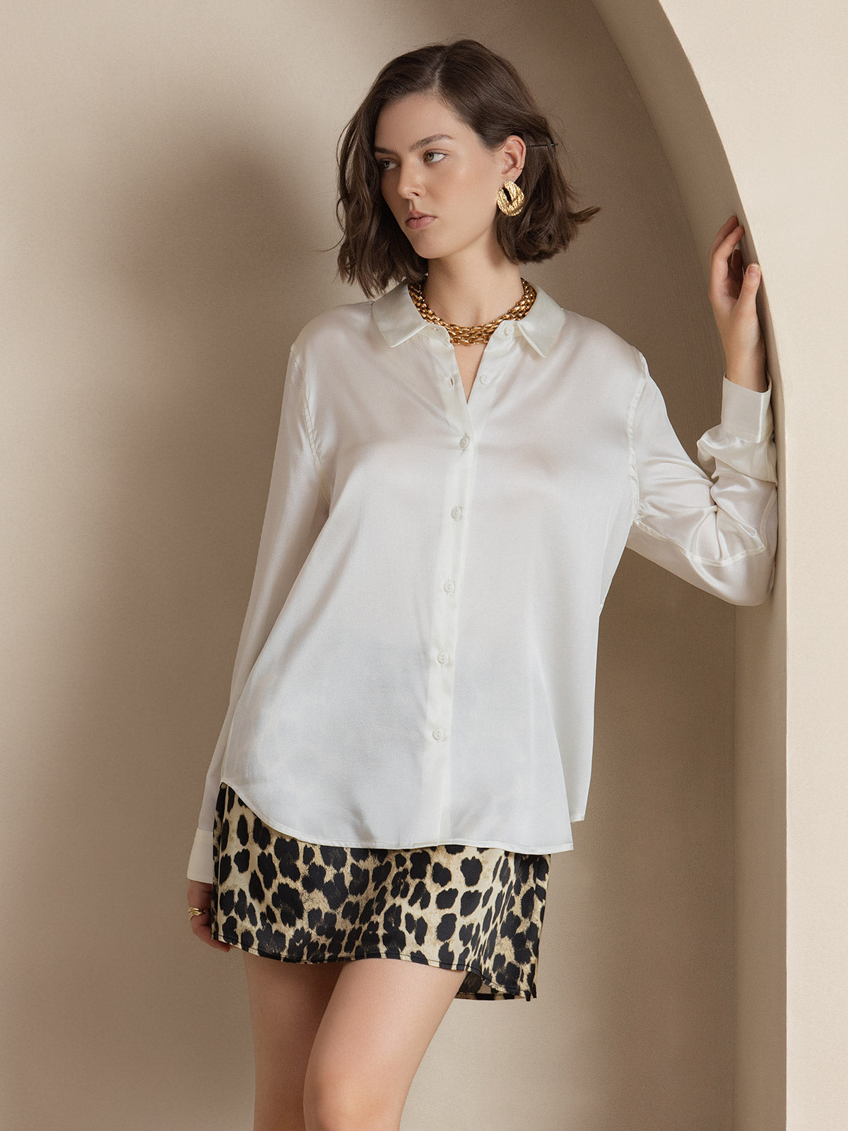 SilkSilky  Silk Long Sleeve Collar Women's Shirt White 003