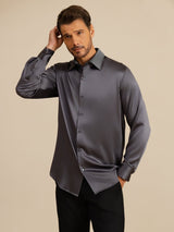[Dark Gray] SilkSilky 19Momme Stretch Silk Charmeuse Long Sleeve Lapel Collar Men's Shirt 004
