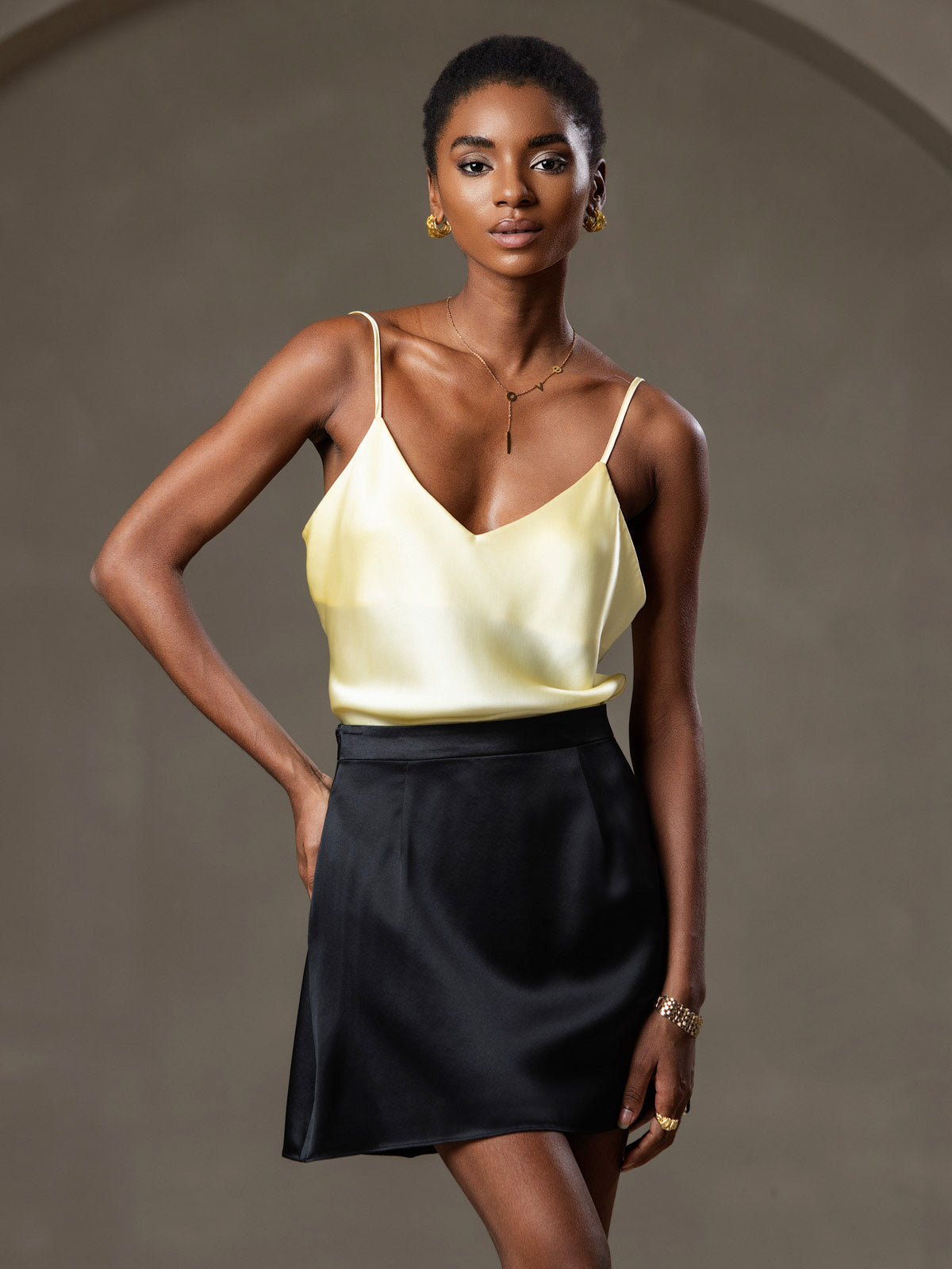 [Light Yellow] SilkSilky  Pure Silk V Neck Camisole Top 001