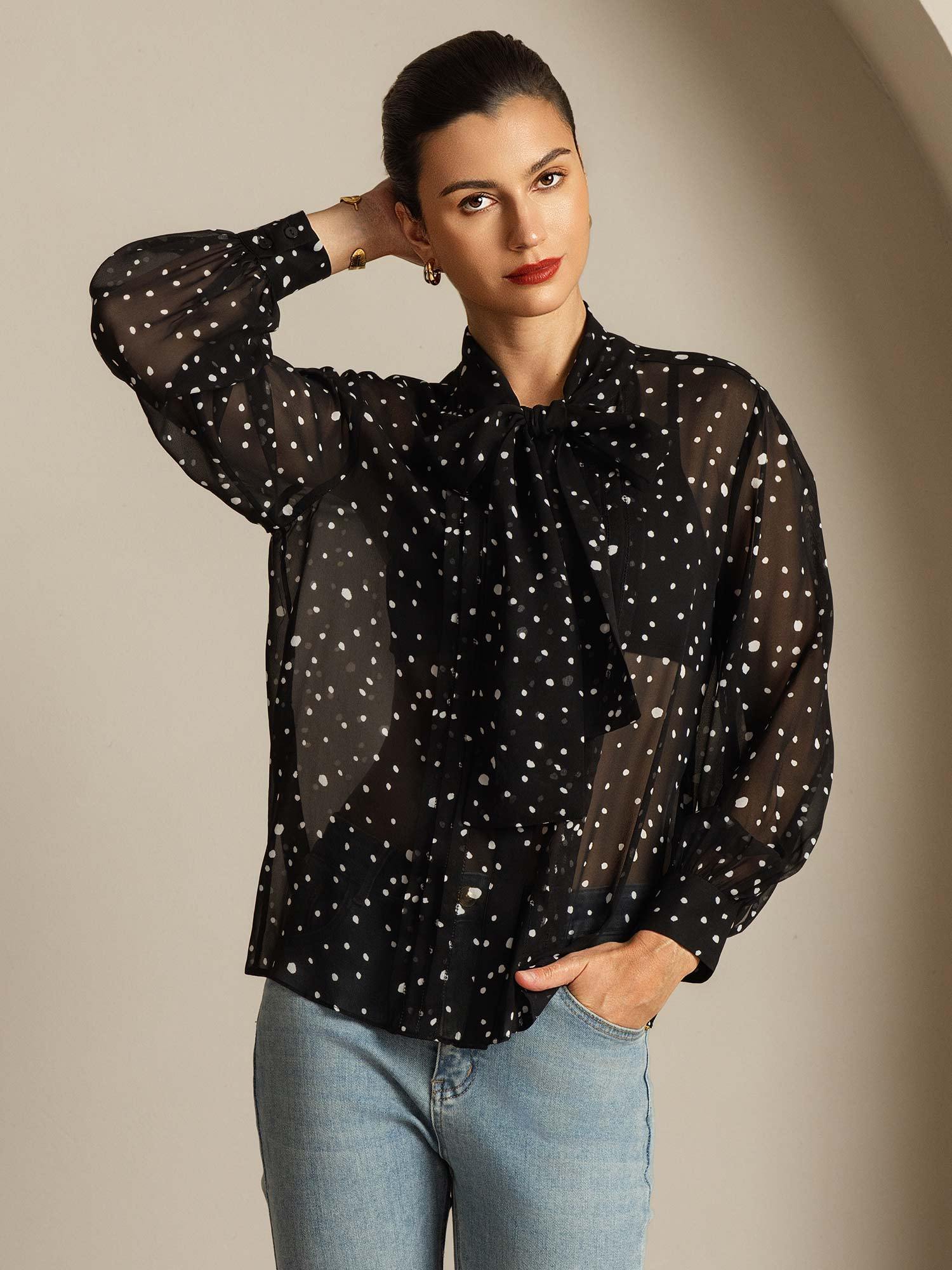 [PolkaDot] SilkSilky Pure Silk Tie Neck Women's Shirt 007
