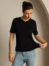 [Black] SilkSilky  100% High-Twist Silk Jersey Short Sleeve V Neck Women's T-Shirt 003