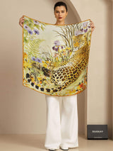 Leopard and floral silk scarf in black, beige, and pink, 90x90cm