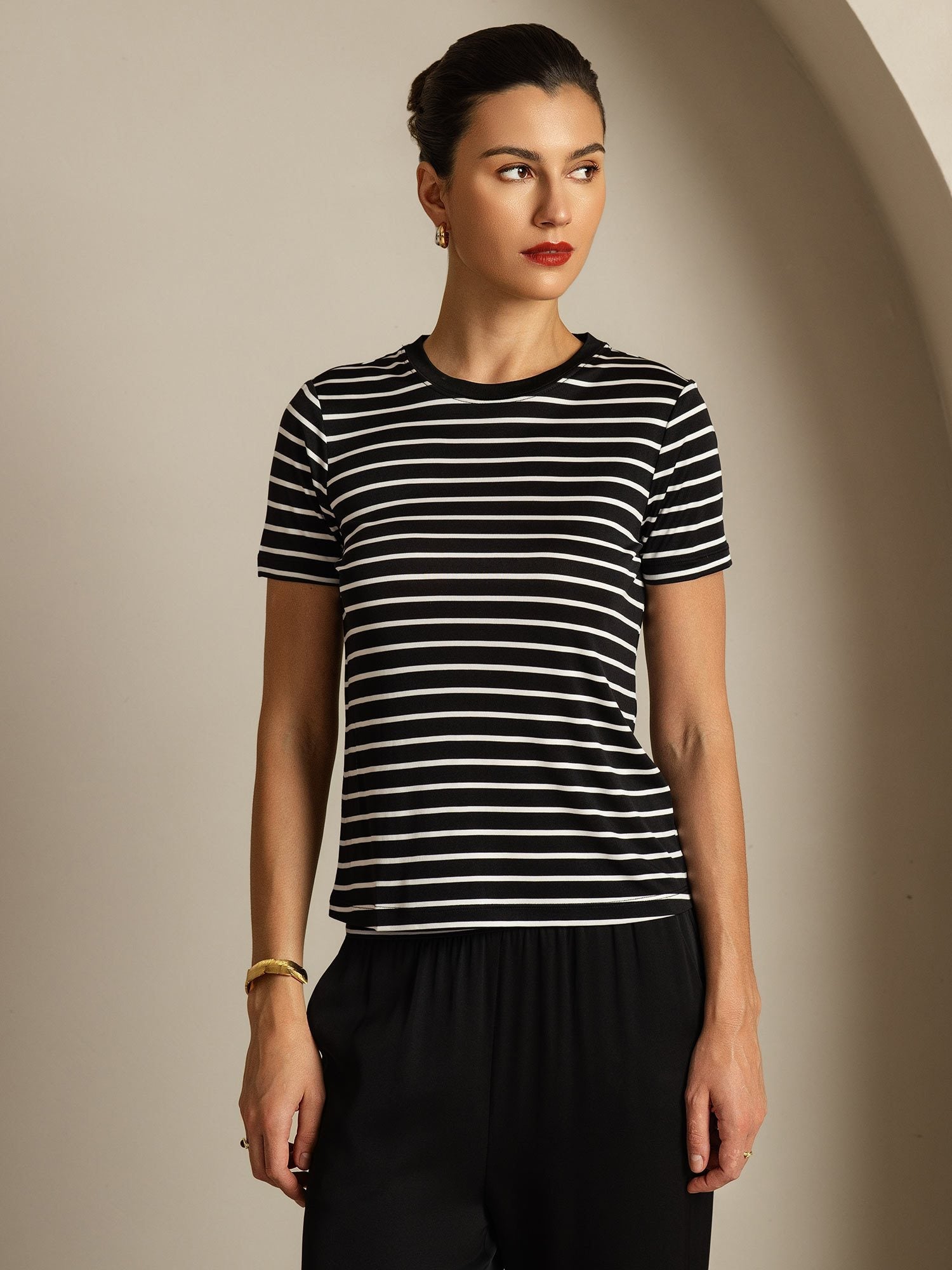 [BlackStripe] SilkSilky Pure Silk Crew Women's T-Shirt 003