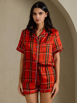 [Red Plaid] SilkSilky Short Sleeve Notch Collar Women's Pajamas 003