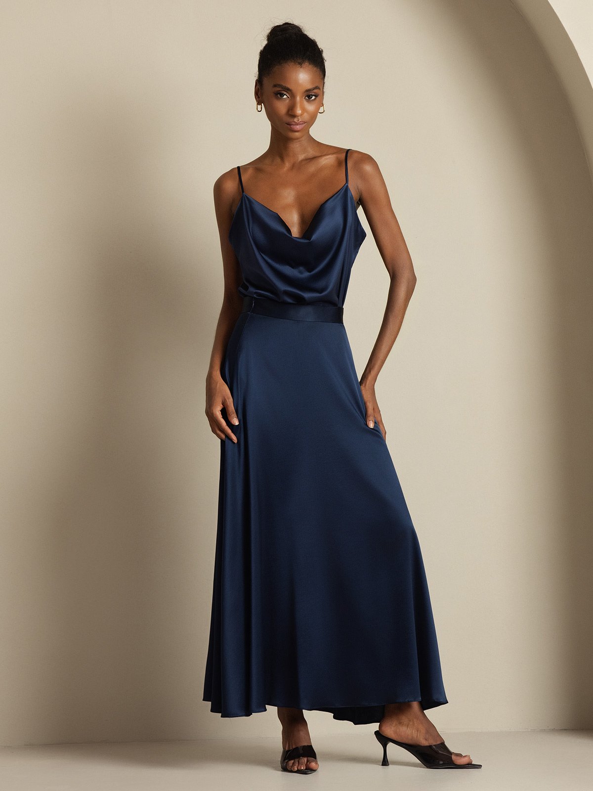 [Dark Blue] SilkSilky  19Momme Silk Cowl Neck Women''s Outfit Sets 003,
