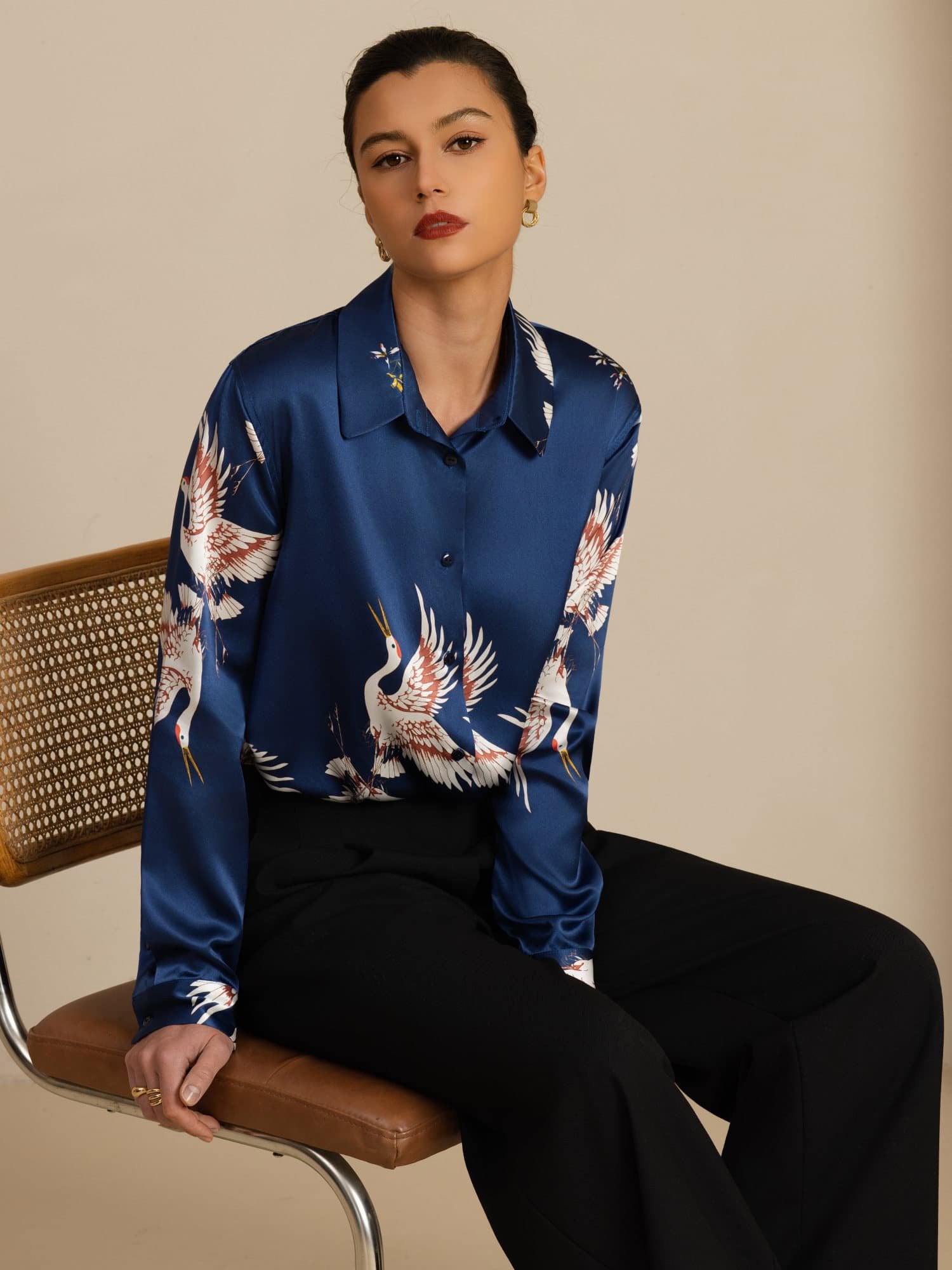 [Dark Blue] SilkSilky  19Momme Long Sleeve Lapel Collar Women's Shirt 001