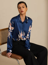 [Dark Blue] SilkSilky  19Momme Long Sleeve Lapel Collar Women's Shirt 001