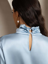 [Grayish Blue] SilkSilky  19Momme Silk Keyhole Neck Women's Shirt 005