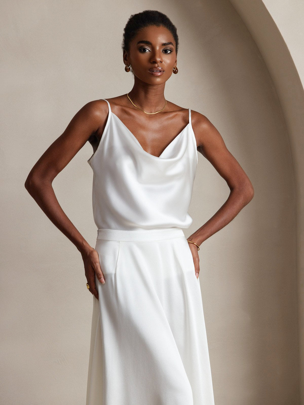 [White] SilkSilky  19Momme Silk Cowl Neck Camisole Top 004