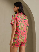 [Coral Serval] SilkSilky Short Sleeve Notch Collar Women's Pajamas 002