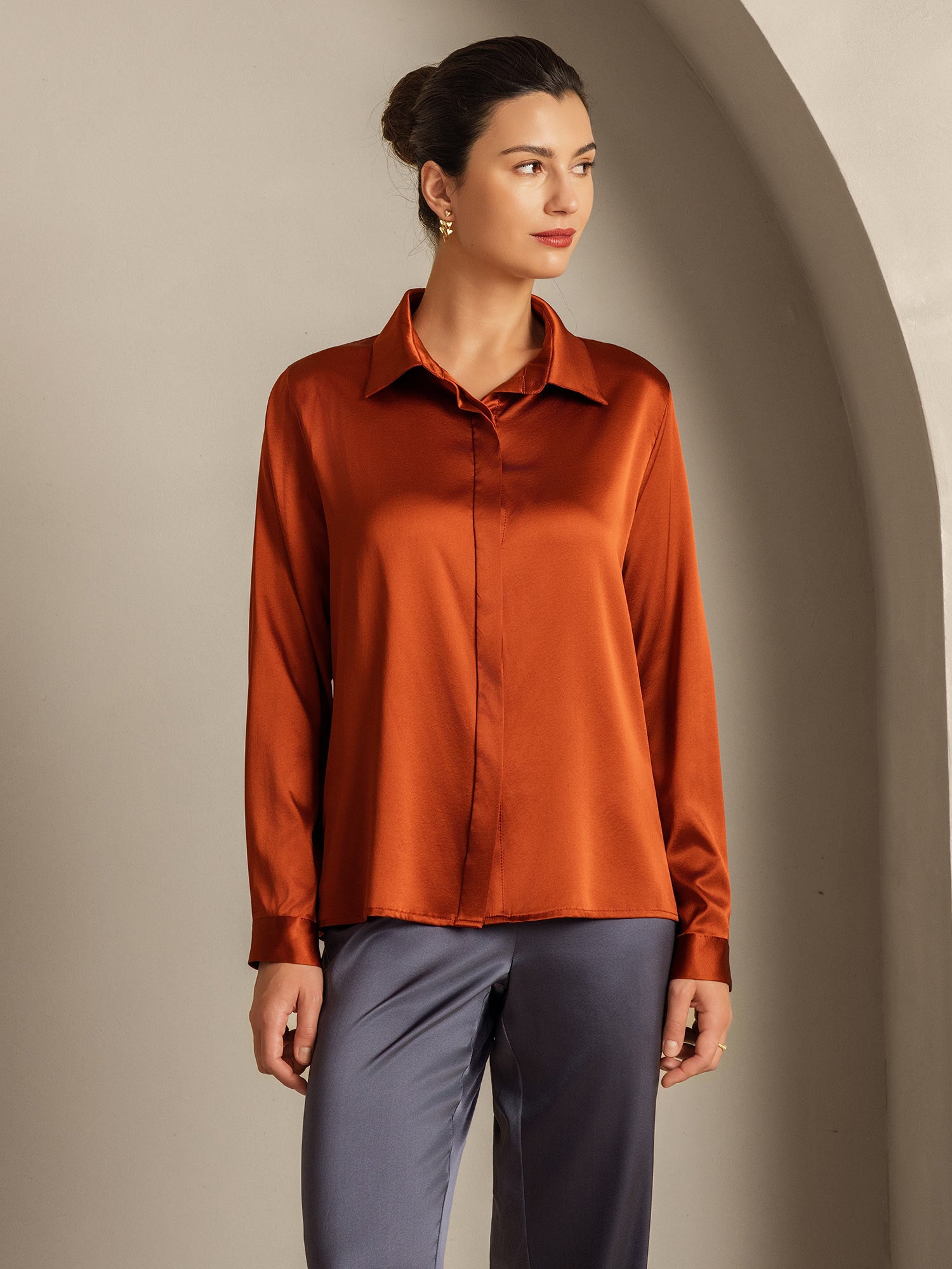 [Caramel] SilkSilky  19Momme Silk Lapel Collar Women's Shirt 005