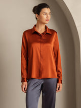 [Caramel] SilkSilky  19Momme Long Sleeve Lapel Collar Women's Shirt 005