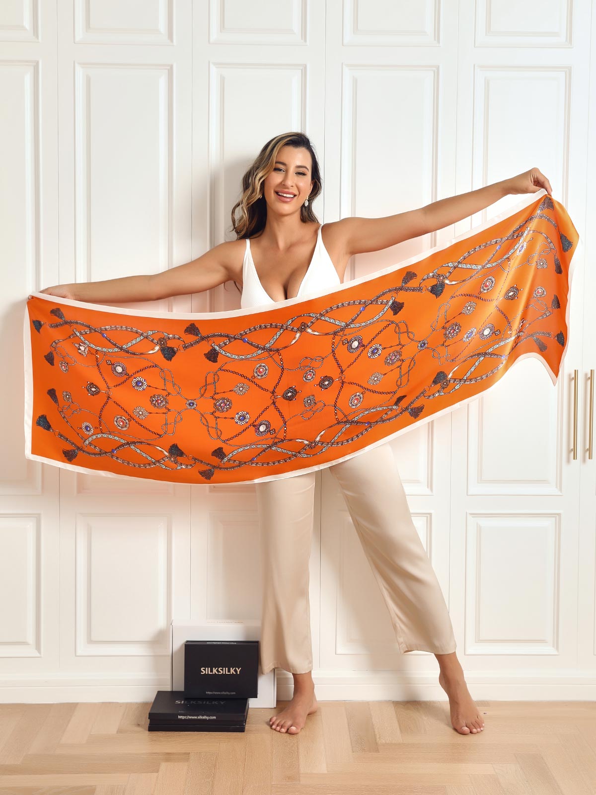 SilkSilky US Pure Silk Scarf Orange 006