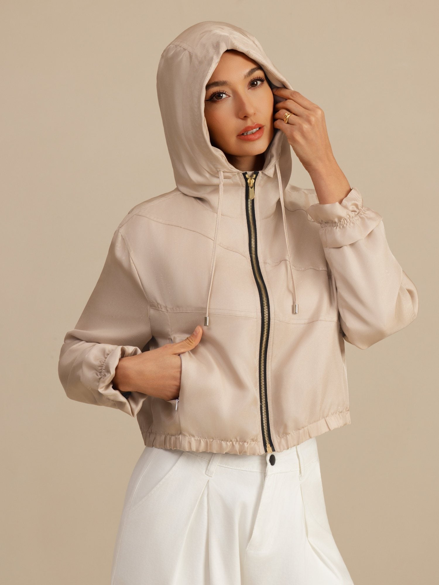 [Tan] SilkSilky 18Momme Silk Satin Surah Long Sleeve High Neck Women's Outerwear 001