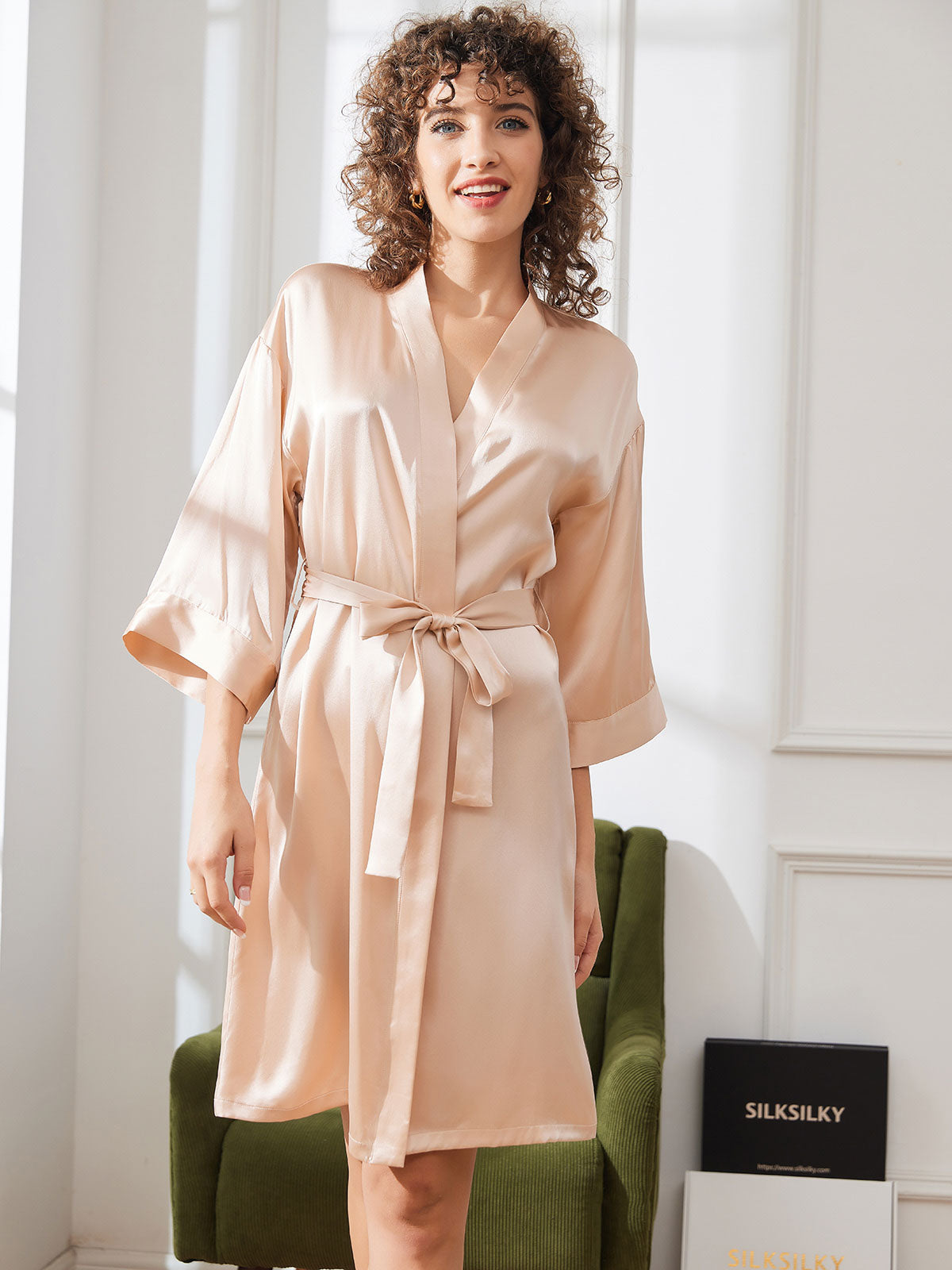 [Champagne] SilkSilky  Pure Silk 3/4 Sleeve Womens Robe 003