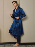 SilkSilky US Pure Silk Long Sleeve Lapel Men's Robe DarkBlue 005