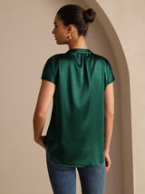 [Dark Green] SilkSilky Short Sleeve Split Women's Blouse 002