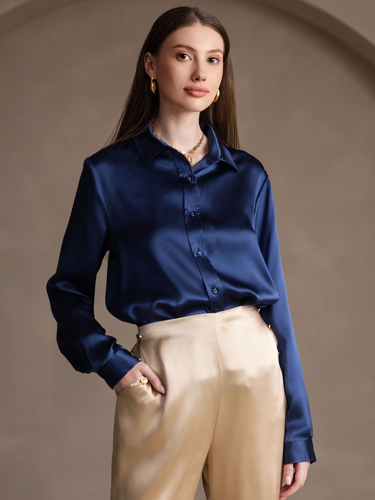 SilkSilky  19Momme Silk Long Sleeve Collar Women's Shirt DarkBlue 005