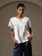 [Light Gray] SilkSilky  19Momme Stretch Silk Charmeuse Short Sleeve Boat Neck Women's T-Shirt 001